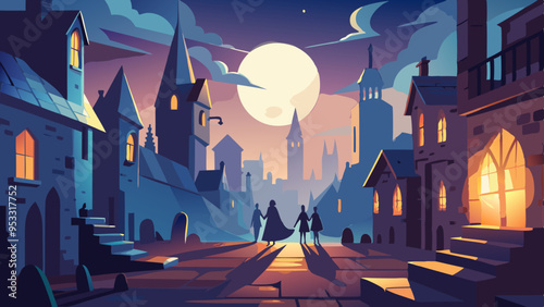 Ghosts Walking in Dark Abandoned City , Antique Dilapidated Medieval Buildings, Full Moon Glow