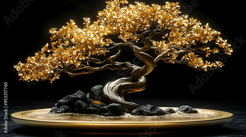 Golden Bonsai Tree with Bla...