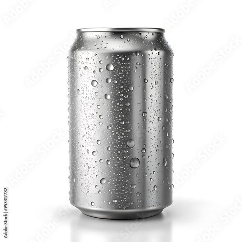 Blank aluminum 280 ml soda can with water drops splash mockup view on white background