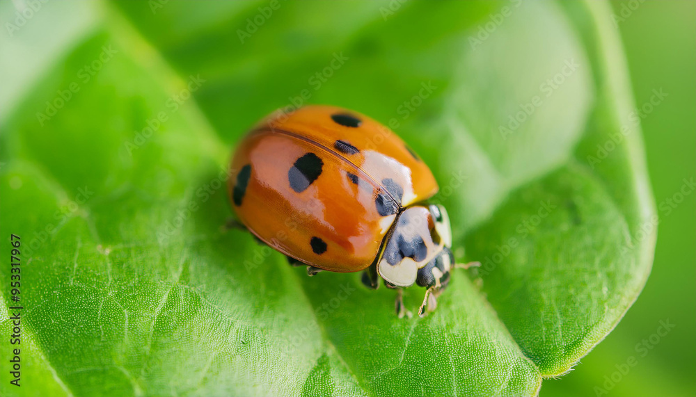 Lady bug on green leaf. Small insect. Ecology and environment concept. Close-up. Lady bug on green leaf. Small insect. Ecology and environment concept. Close-up.