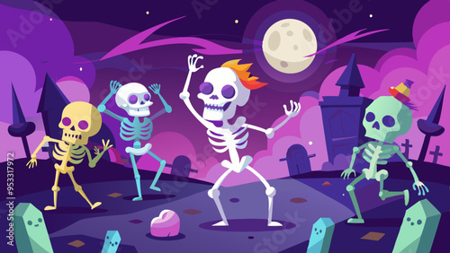 A graveyard with skeletons dancing under the moonlight, each with detailed, animated faces showing a mix of joy and eeriness.
