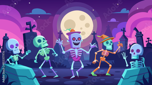 A graveyard with skeletons dancing under the moonlight, each with detailed, animated faces showing a mix of joy and eeriness.
