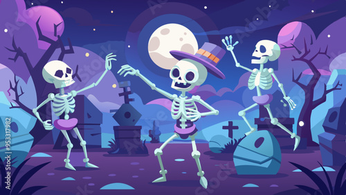 A graveyard with skeletons dancing under the moonlight, each with detailed, animated faces showing a mix of joy and eeriness.
