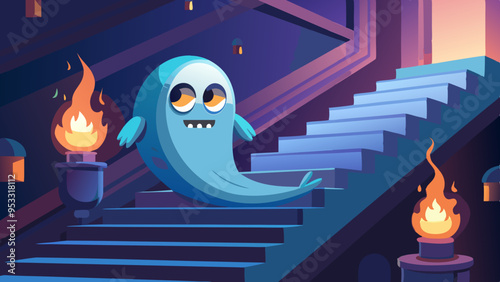 Mysterious 3D Ghost on Stairs, Flickering Candlelight, Haunting Expression, Dark Atmosphere

