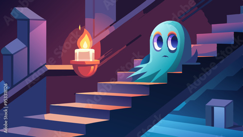 Mysterious 3D Ghost on Stairs, Flickering Candlelight, Haunting Expression, Dark Atmosphere

