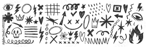 Grange punk elements with chalk or crayon texture. Hand drawn graffiti shapes. Doodle vector illustration.