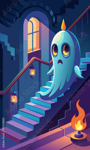 Ghostly Figure Floating Down Dark Staircase, Candlelight Illumination