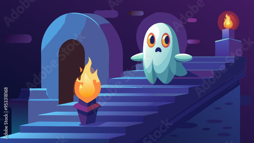 Ghostly Figure Floating Down Dark Staircase, Candlelight Illumination