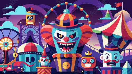 A Spooky carnival scene with creepy clowns and ghosts having animated, expressive faces. The carnival rides and decorations add to the spooky atmosphere.
