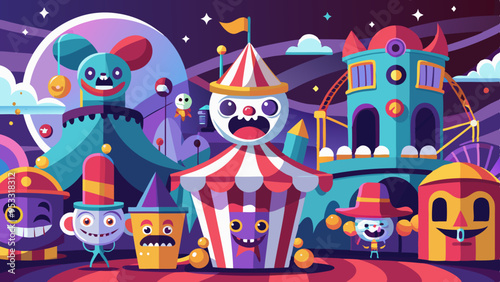 A Spooky carnival scene with creepy clowns and ghosts having animated, expressive faces. The carnival rides and decorations add to the spooky atmosphere.
