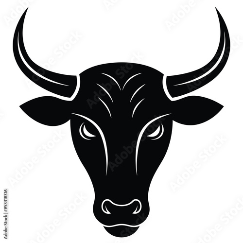 Black and white illustration of a bull head with fierce expression and sharp horns in vector style