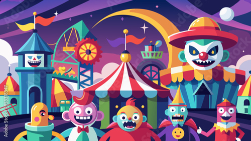 A Spooky carnival scene with creepy clowns and ghosts having animated, expressive faces. The carnival rides and decorations add to the spooky atmosphere.

