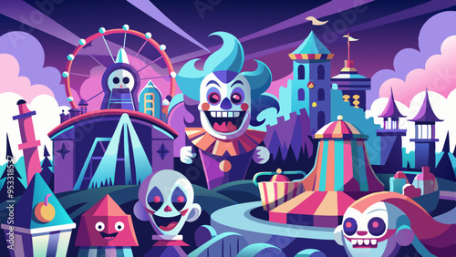  A haunted amusement park scene with ghostly figures and creepy clowns having lively, expressive faces amidst the eerie rides and decorations.