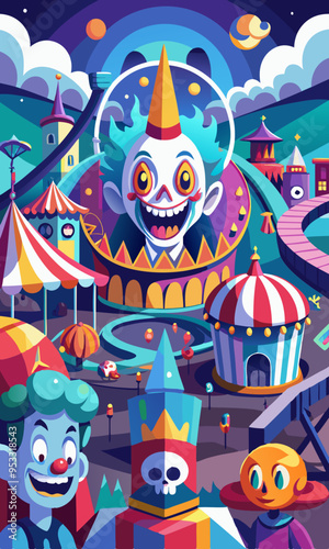  A haunted amusement park scene with ghostly figures and creepy clowns having lively, expressive faces amidst the eerie rides and decorations.