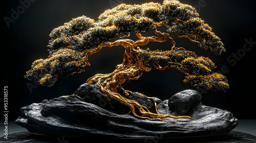 Golden bonsai tree with int...