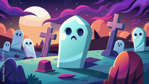 A Haunted Cemetery scene with detailed ghost faces rising from tombstones. Each ghost’s face shows a range of emotions, from sorrowful to eerie.
