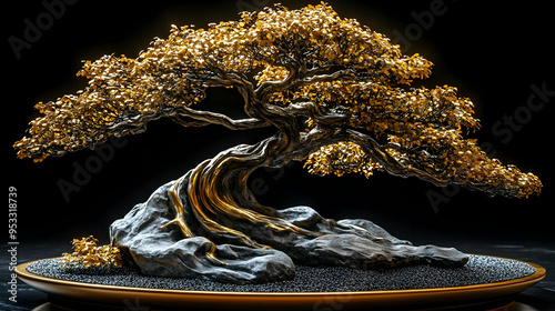 Golden Bonsai Tree with Roc...