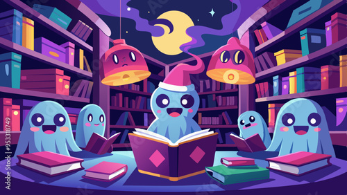 A Haunted library with ghostly librarians having detailed, friendly yet slightly eerie faces. The floating books and magical atmosphere enhance their expressions.
