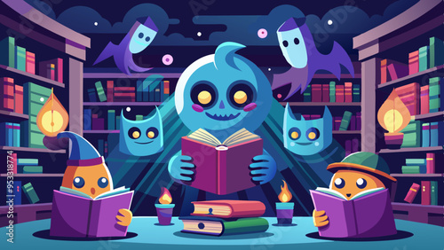 A Haunted library with ghostly librarians having detailed, friendly yet slightly eerie faces. The floating books and magical atmosphere enhance their expressions.
