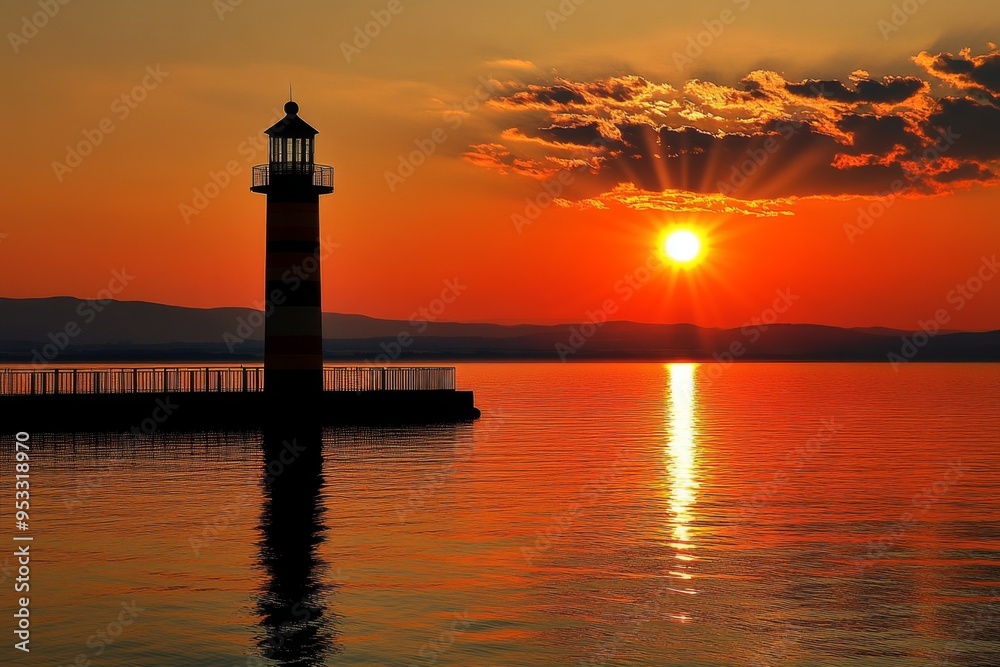 Lighthouse reflecting on calm water at sunset with sunrays Lighthouse reflecting on calm water at sunset with sunrays