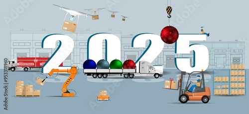 Logistics center. Delivery of New Year's goods in the New Year 2025.
