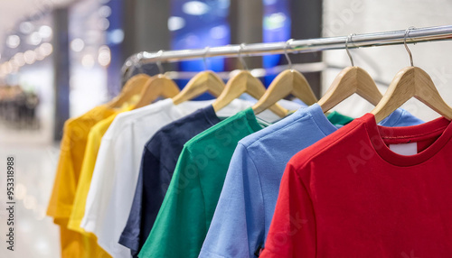 Plain t-shirts of different colors hang on hanger. Blurred store interior. Clothes and fashion