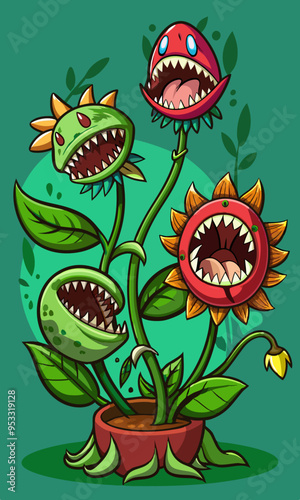 A monster plant with a terrifying but oddly captivating face, featuring sharp teeth and glowing eyes.