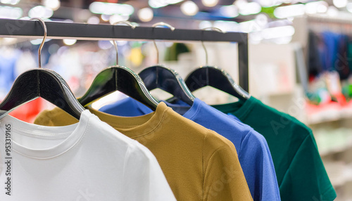 Plain t-shirts of different colors hang on hanger. Blurred store interior. Clothes and fashion