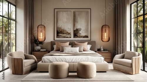 Modern bedroom with a large bed, two armchairs and two ottomans.