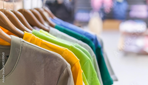 Plain t-shirts of different colors hang on hanger. Blurred store interior. Clothes and fashion