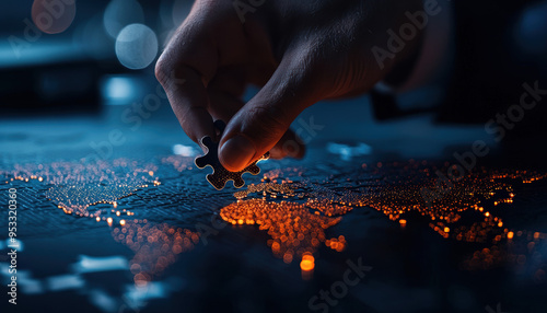 Business leader adding a puzzle piece to a global network map, international expansion