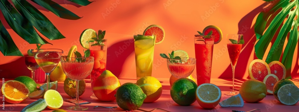 Fototapeta premium Exotic cocktails with fresh fruits on a vibrant coral background