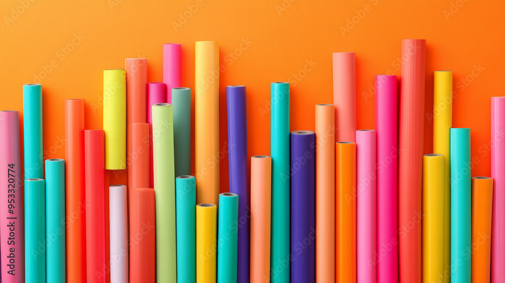 The background is a solid, vibrant orange that contrasts with the colorful duct tapes, making the bars stand out. The orange background also adds energy and warmth to the visual. The background is a solid, vibrant orange that contrasts with the colorful duct tapes, making the bars stand out. The orange background also adds energy and warmth to the visual.
