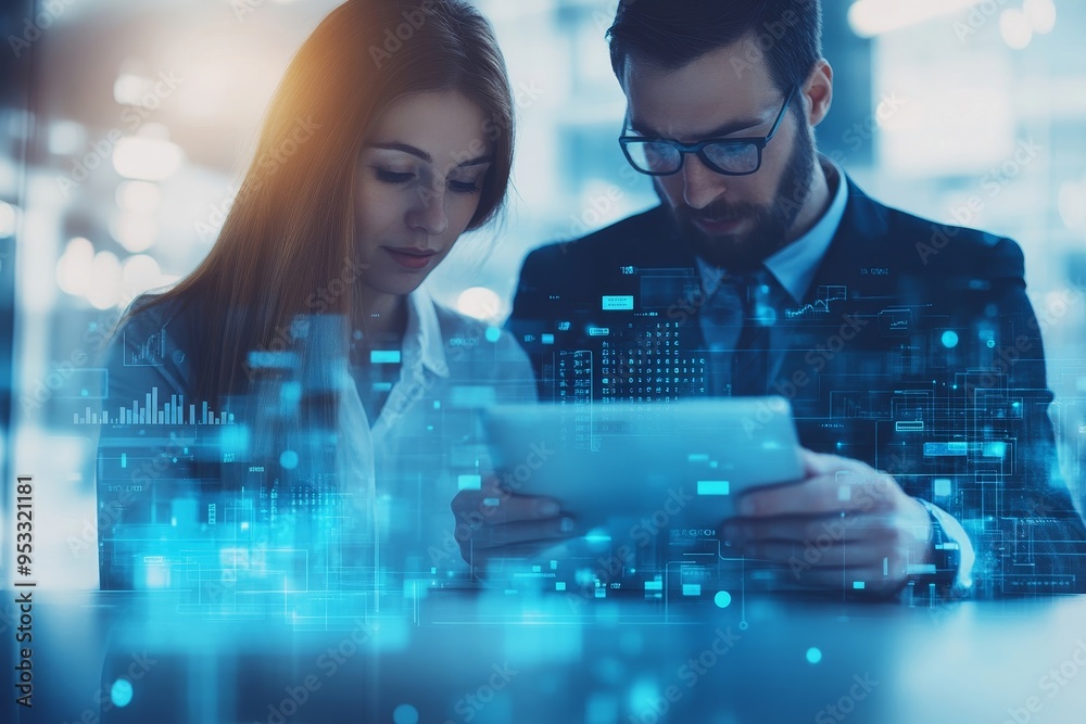 Business people connected on internet network with a tablet. concept of startup company. double exposure, Generative AI Business people connected on internet network with a tablet. concept of startup company. double exposure, Generative AI
