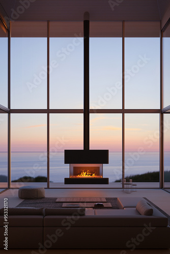 Luxury minimalist living room, with modern fire place, two floor high ceiling. Ocean view outside the window. Spacious cozy sofa. photo