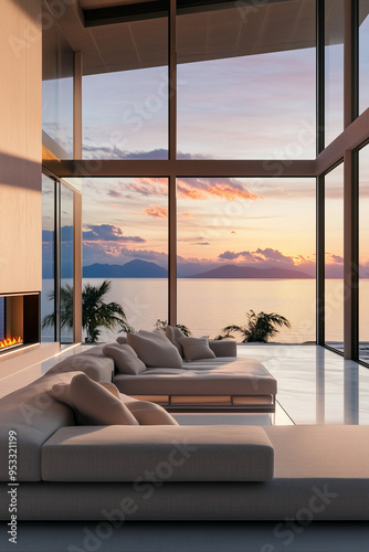 Luxury minimalist living room, with modern fire place, two floor high ceiling. Ocean view outside the window. Spacious cozy sofa. photo