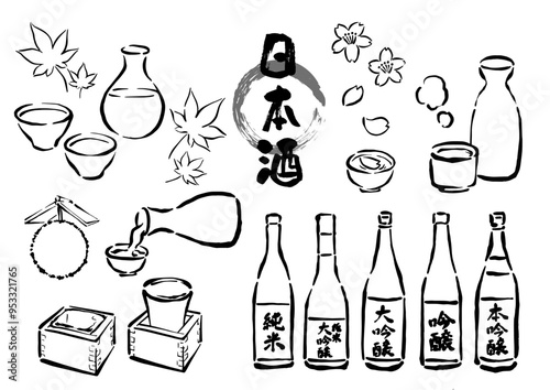 日本酒の手書き線画イラストセット