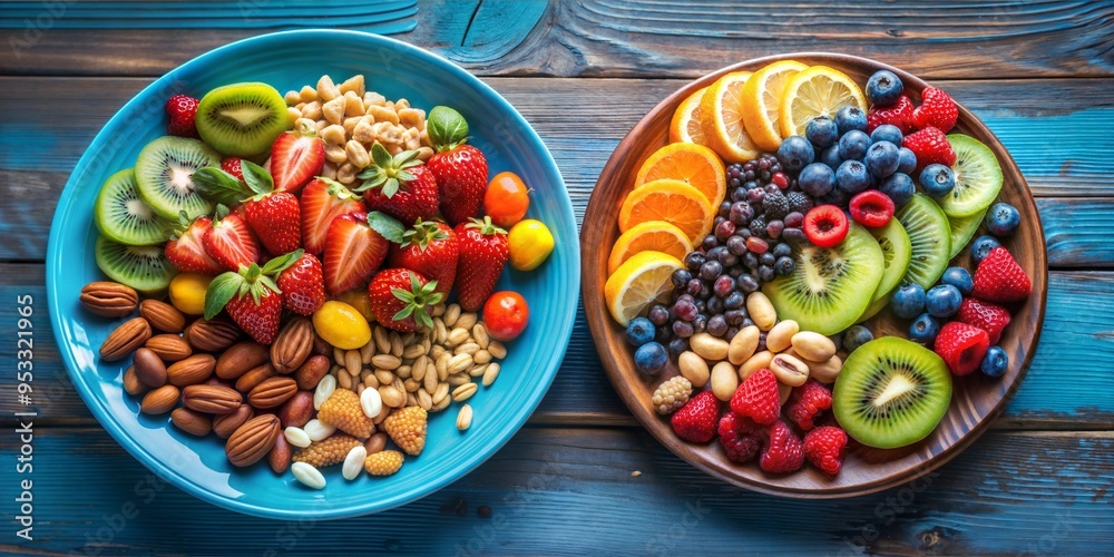 Colorful plate of mixed fruits and nuts, brain-stimulating snack, healthy and natural energy boost. copy space for text Colorful plate of mixed fruits and nuts, brain-stimulating snack, healthy and natural energy boost. copy space for text