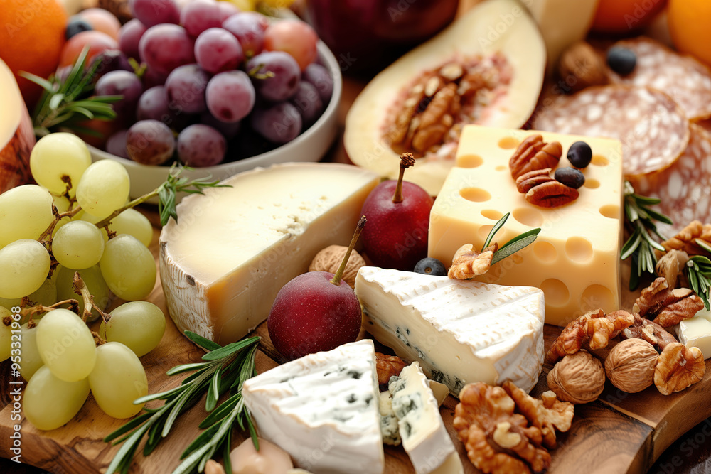 Gourmet cheese board is overflowing with a variety of cheeses, fruits, nuts and sprigs of rosemary Gourmet cheese board is overflowing with a variety of cheeses, fruits, nuts and sprigs of rosemary