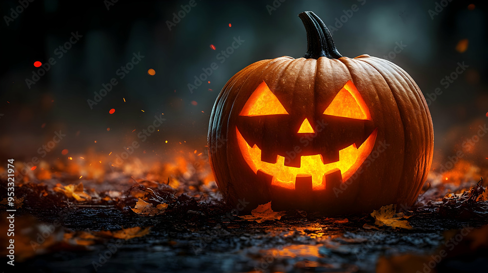 Jack-o'-lantern glowing in the dark with embers and leaves around it. Jack-o'-lantern glowing in the dark with embers and leaves around it.