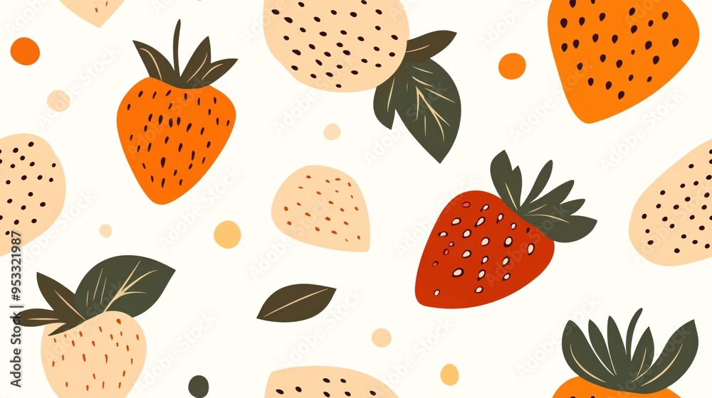Strawberry Delight: A vibrant and playful seamless pattern featuring a delightful array of strawberries in various shades of red, orange, and white Strawberry Delight: A vibrant and playful seamless pattern featuring a delightful array of strawberries in various shades of red, orange, and white