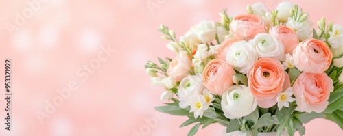 A bouquet of ranunculus in soft peach and pink tones with green leaf and stem on blur background