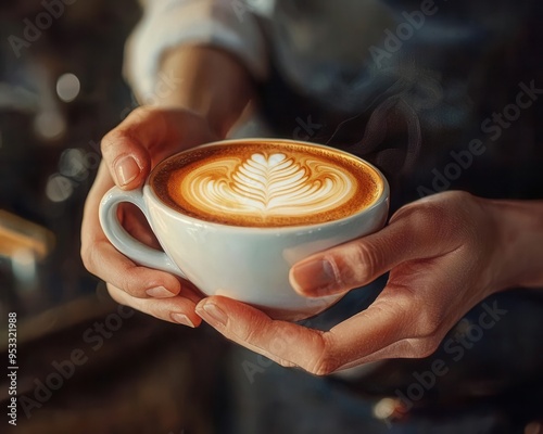 Artisan Barista at Work - Detailed Close-Up of Hands Presenting a Coffee Cup in a Stylish Coffee Shop