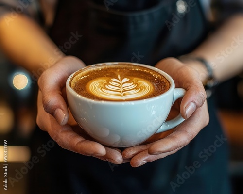 The artisan Barista at Work - Detailed Close-Up of Hands Presenting a Coffee Cup in a Stylish Coffee Shop