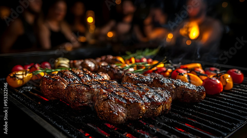 Juicy grilled steaks with bell peppers and tomatoes on a barbecue grill.