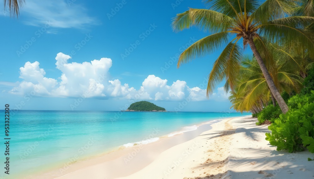 Serene Tropical Beach: Clear Turquoise Waters, Sandy Shore, and Lush Palm Trees Serene Tropical Beach: Clear Turquoise Waters, Sandy Shore, and Lush Palm Trees