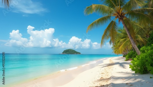 Serene Tropical Beach: Clear Turquoise Waters, Sandy Shore, and Lush Palm Trees