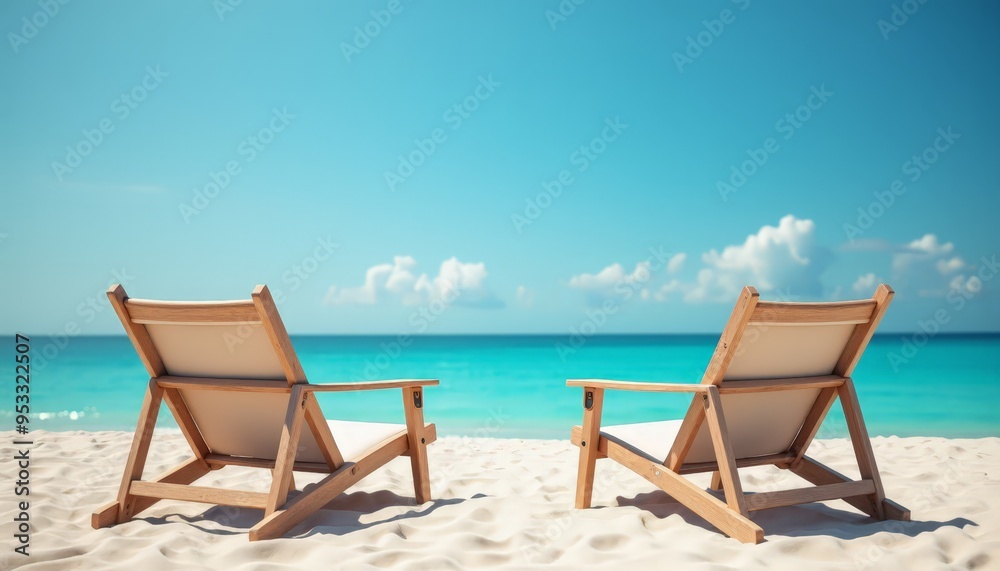 Tropical Beach Paradise: Serene Ocean View with Sun Loungers and Clear Blue Sky for Special Vacation for Stress Relief Tropical Beach Paradise: Serene Ocean View with Sun Loungers and Clear Blue Sky for Special Vacation for Stress Relief