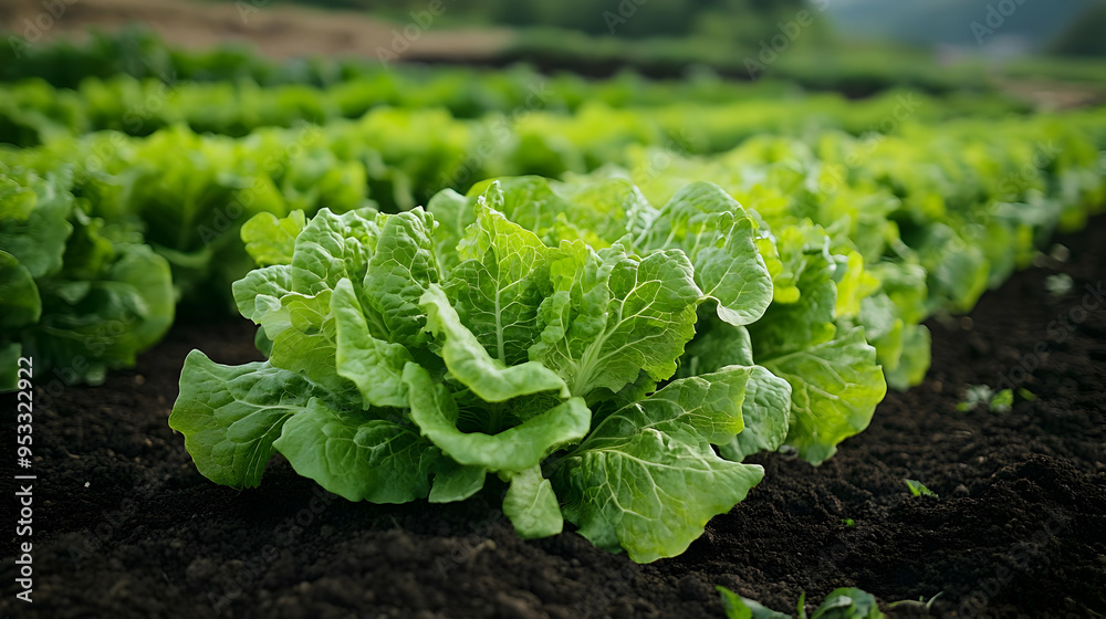 Lush green lettuce plants growing in a garden.