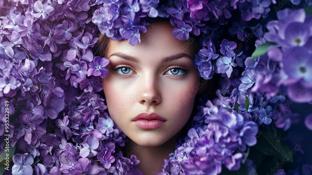 Captivating portrait of a young woman framed by vibrant purple flowers in a serene natural setting Captivating portrait of a young woman framed by vibrant purple flowers in a serene natural setting